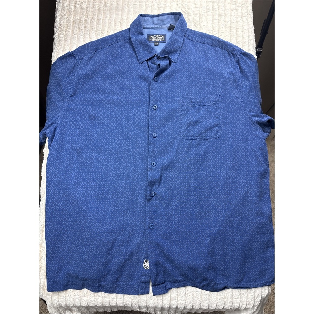 Nat Nast Shirt Mens XL Silk Blend Button Up Blue Geometric Short Sleeve
